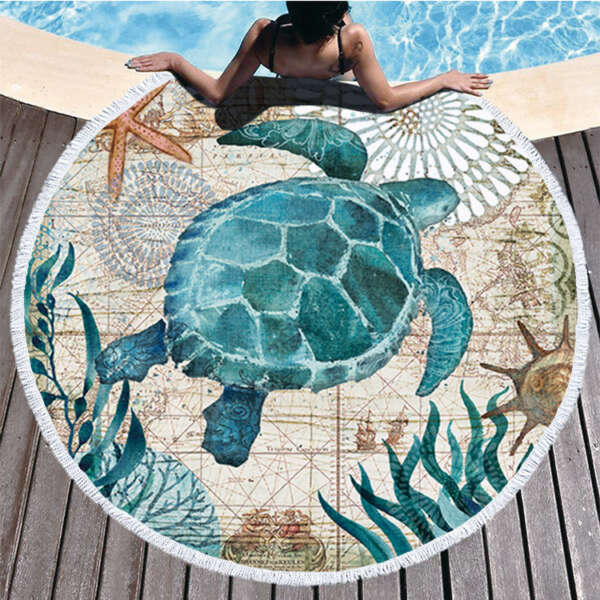 Ocean Turtle Tassel Round Bath Towel Beach Towel Microfibre Travel Compressed Shower Bathroom Towels Bath Towels for Adults - Image 3