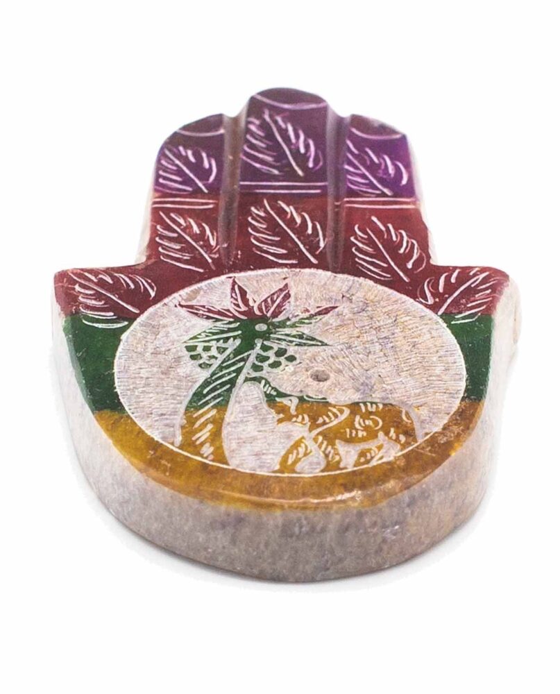 Soapstone Hamsa Incense Holder 9x6cm - Elephant & Palm