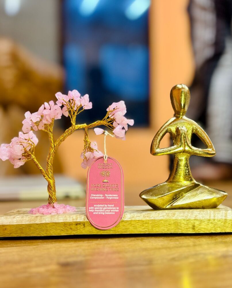 Gemstone Yoga Garden - Namaste Pose - Rose Quartz Tilted Tree - 100 chipstones