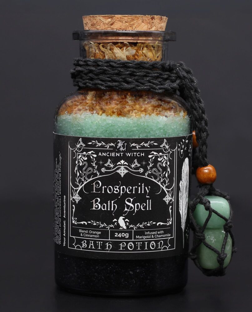 Ancient Witch Bath Spell Potion & Aventurine Crystal Amulet - Prosperity