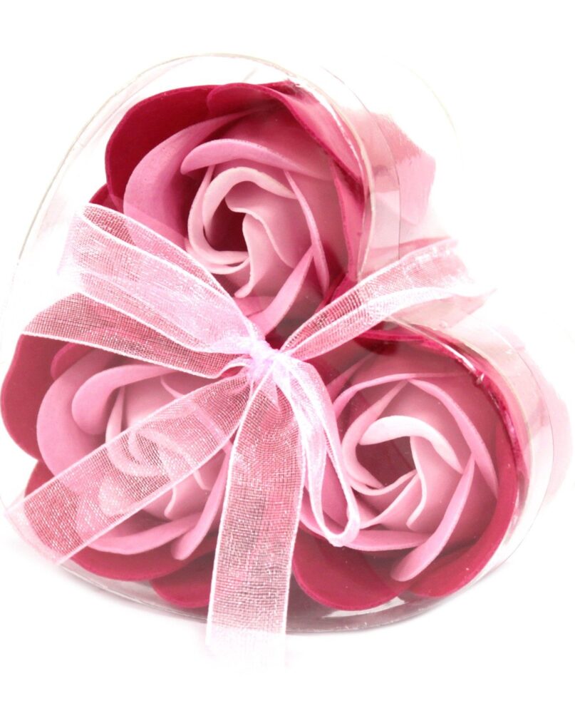 Set of 3 Soap Flower Heart Box - Pink Roses