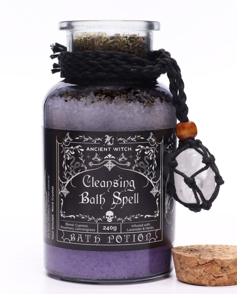 Ancient Witch Bath Spell Potion & Rock Crystal Amulet - Cleansing