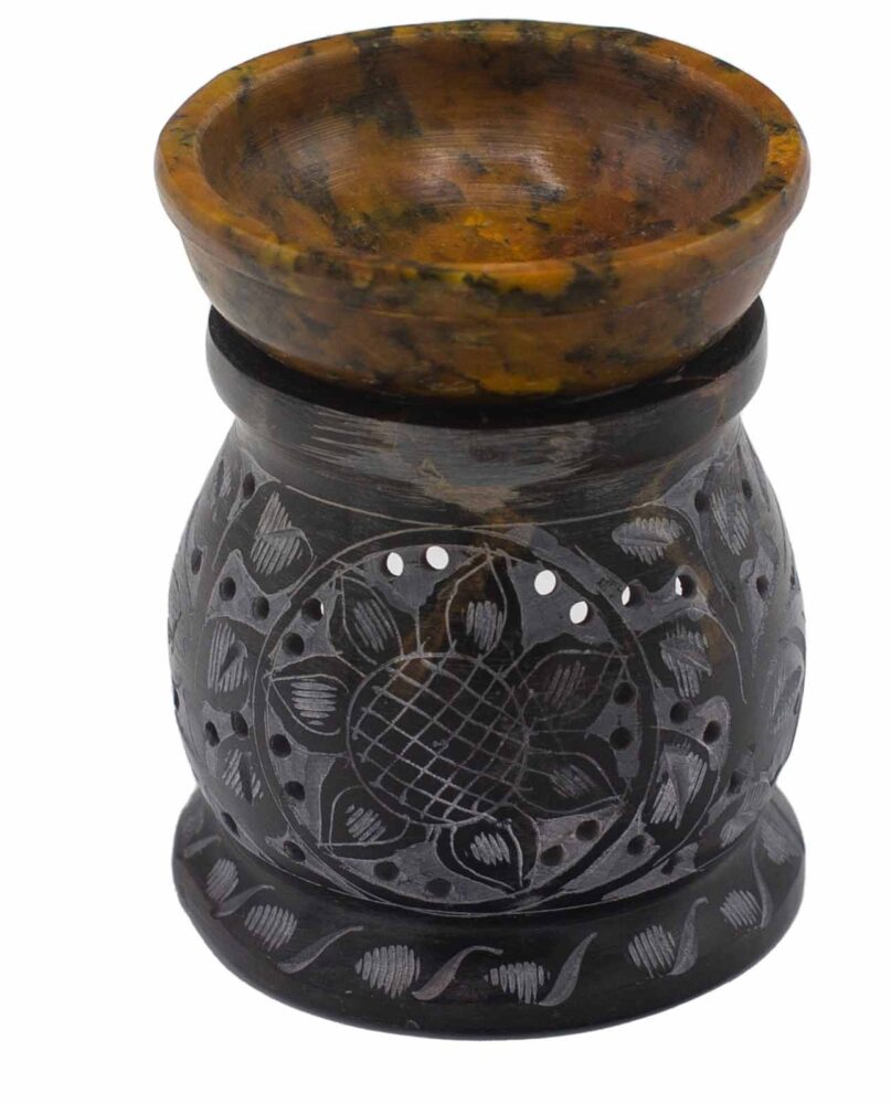 Soapstone Oil Burner 10cm - Mandala Flower - Black & Yellow