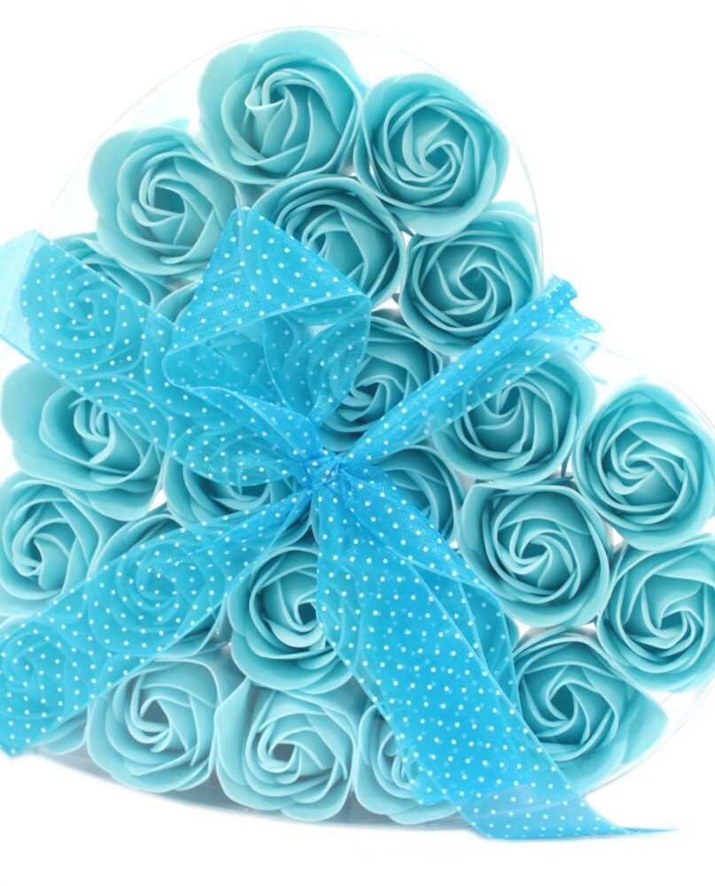 Set of 24 Soap Flower Heart Box - Blue Roses