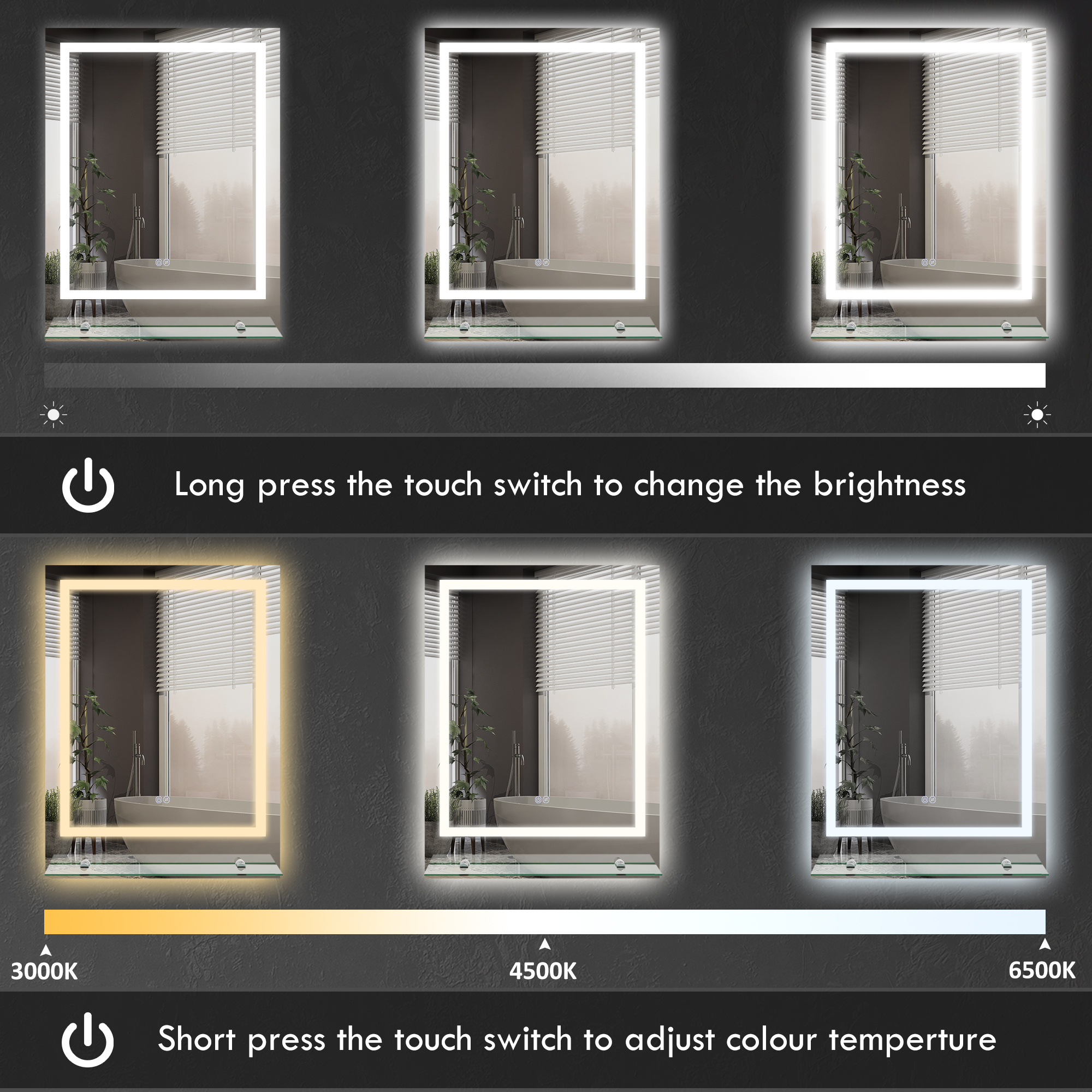 Kleankin LED Bathroom Mirror With Lights And Shelf, Illuminated Makeup Mirror, Vanity Mirror With 3 Colour, Smart Touch, Anti-Fog - Image 2