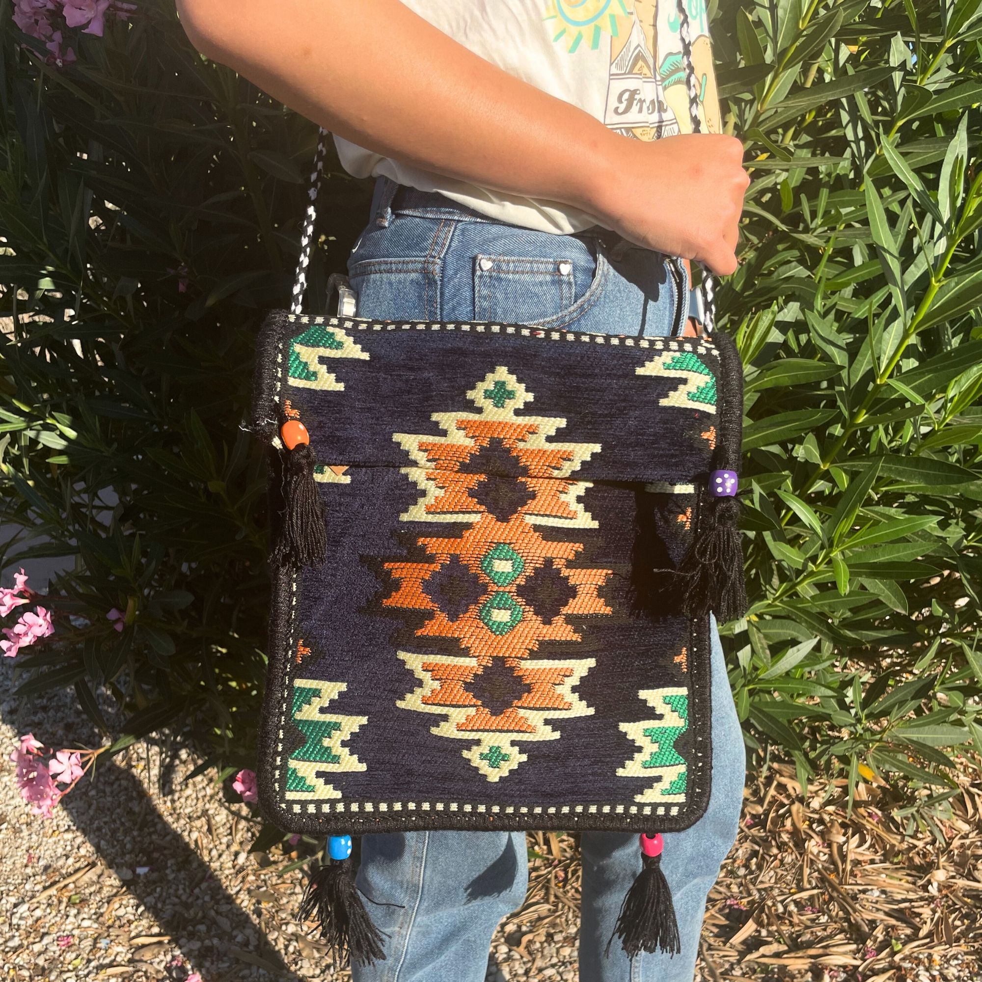 Dark Navy Kilim Messenger Festival Bag - Image 2
