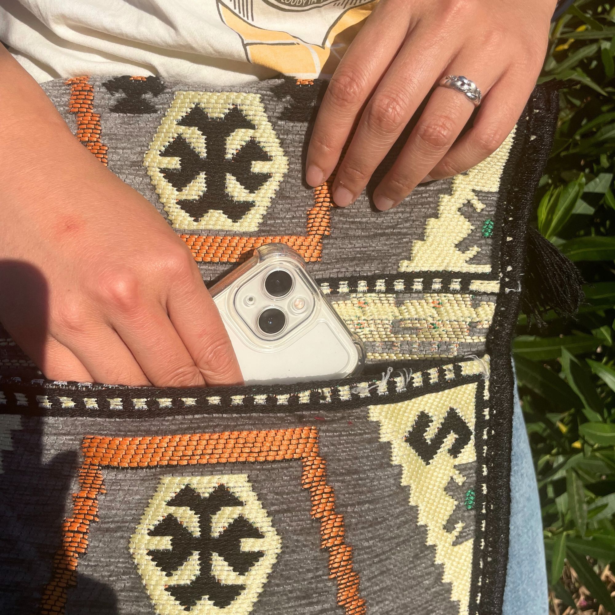 Pale Grey Kilim Messenger Festival Bag - Image 4