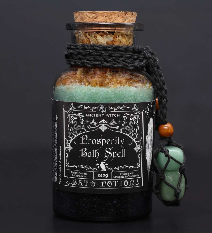 Ancient Witch Bath Spell Potion & Aventurine Crystal Amulet - Prosperity