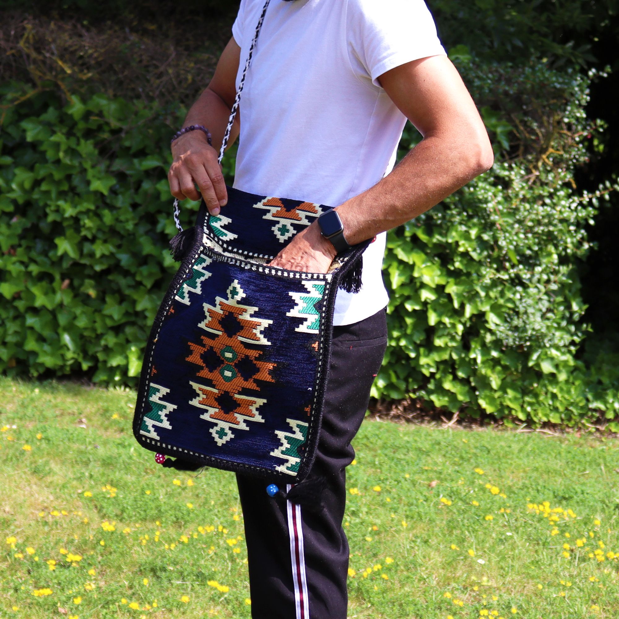 Dark Navy Kilim Messenger Festival Bag - Image 5