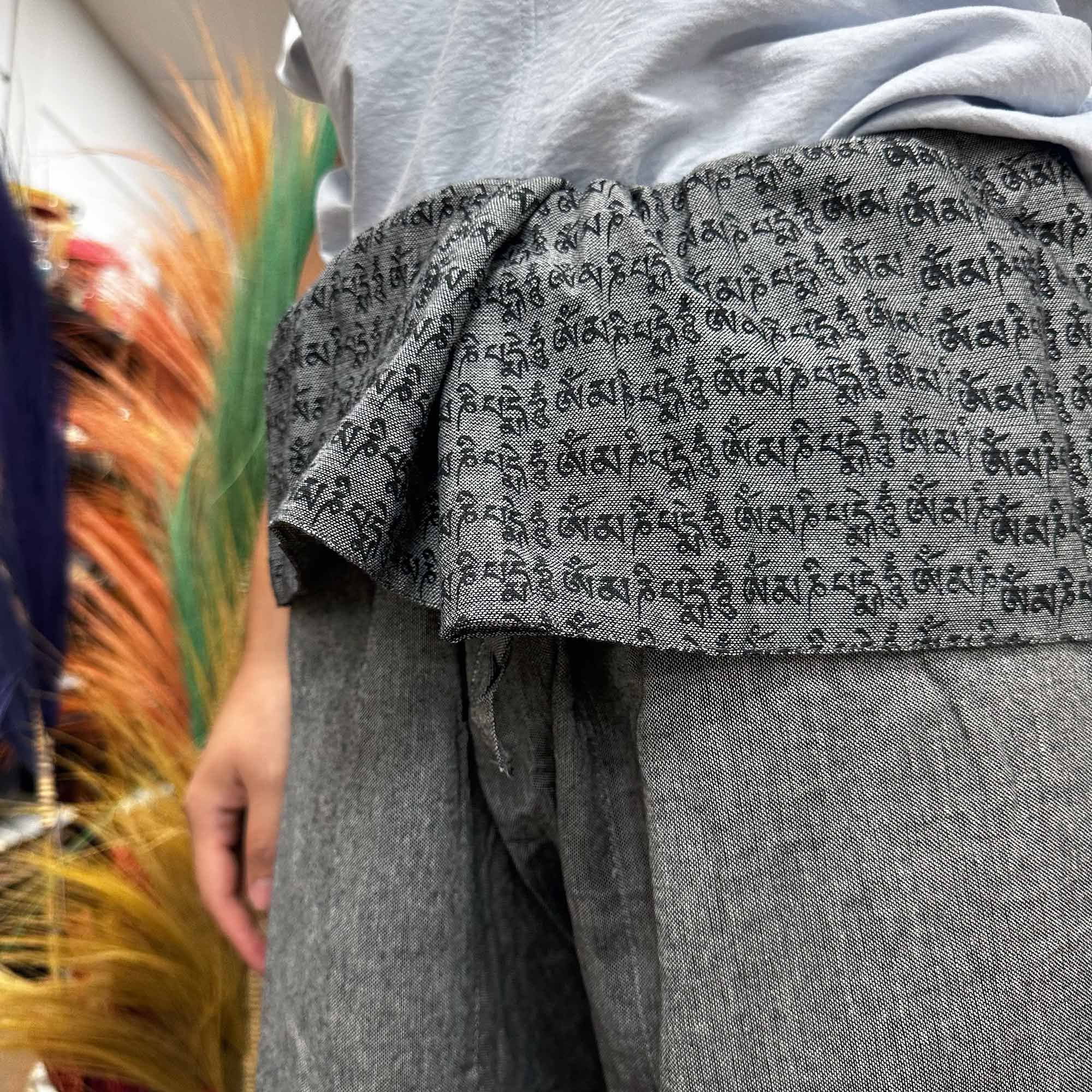 Yoga and Festival Pants - Thai Fisherman Mandala Mantra on Grey - Image 3