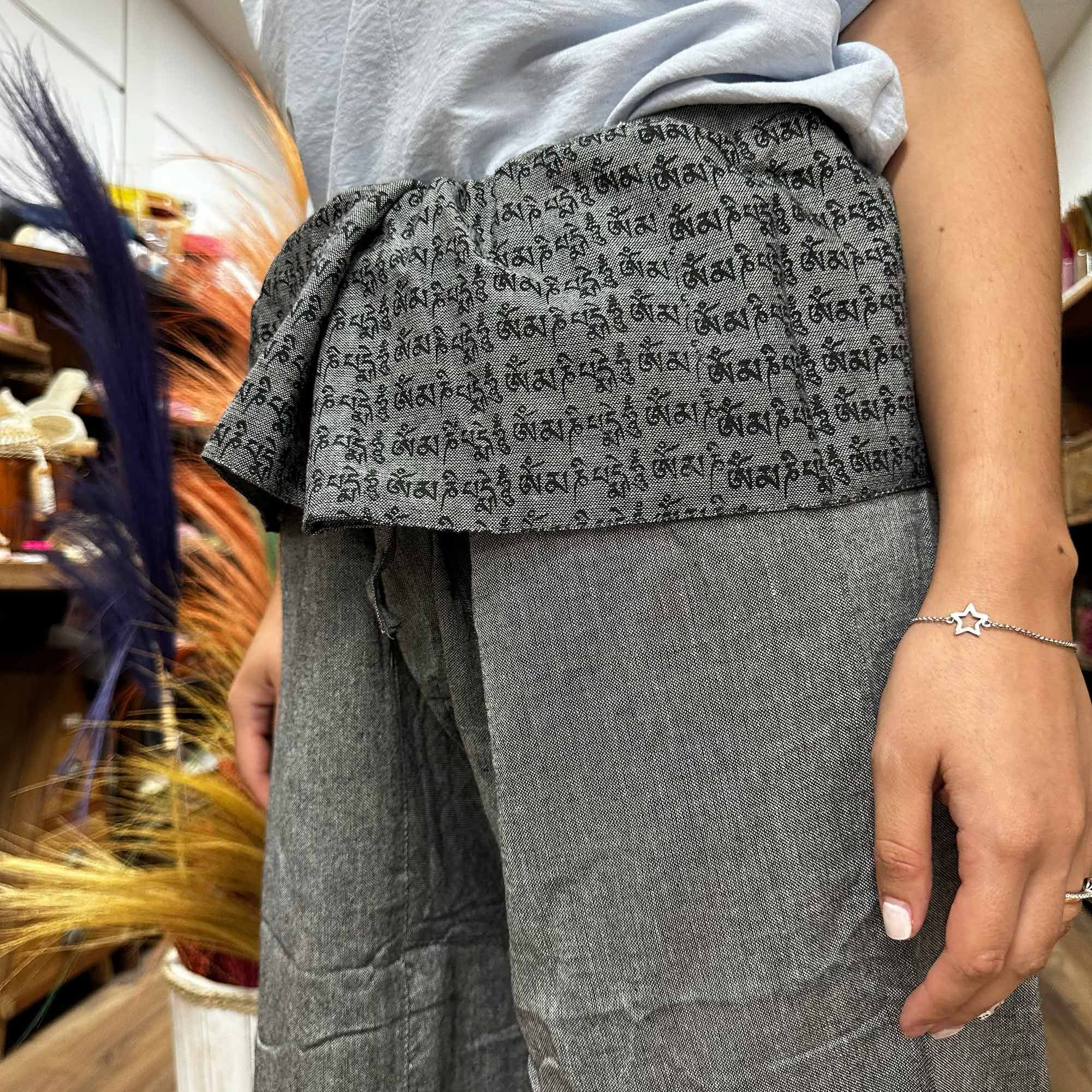Yoga and Festival Pants - Thai Fisherman Mandala Mantra on Grey - Image 5