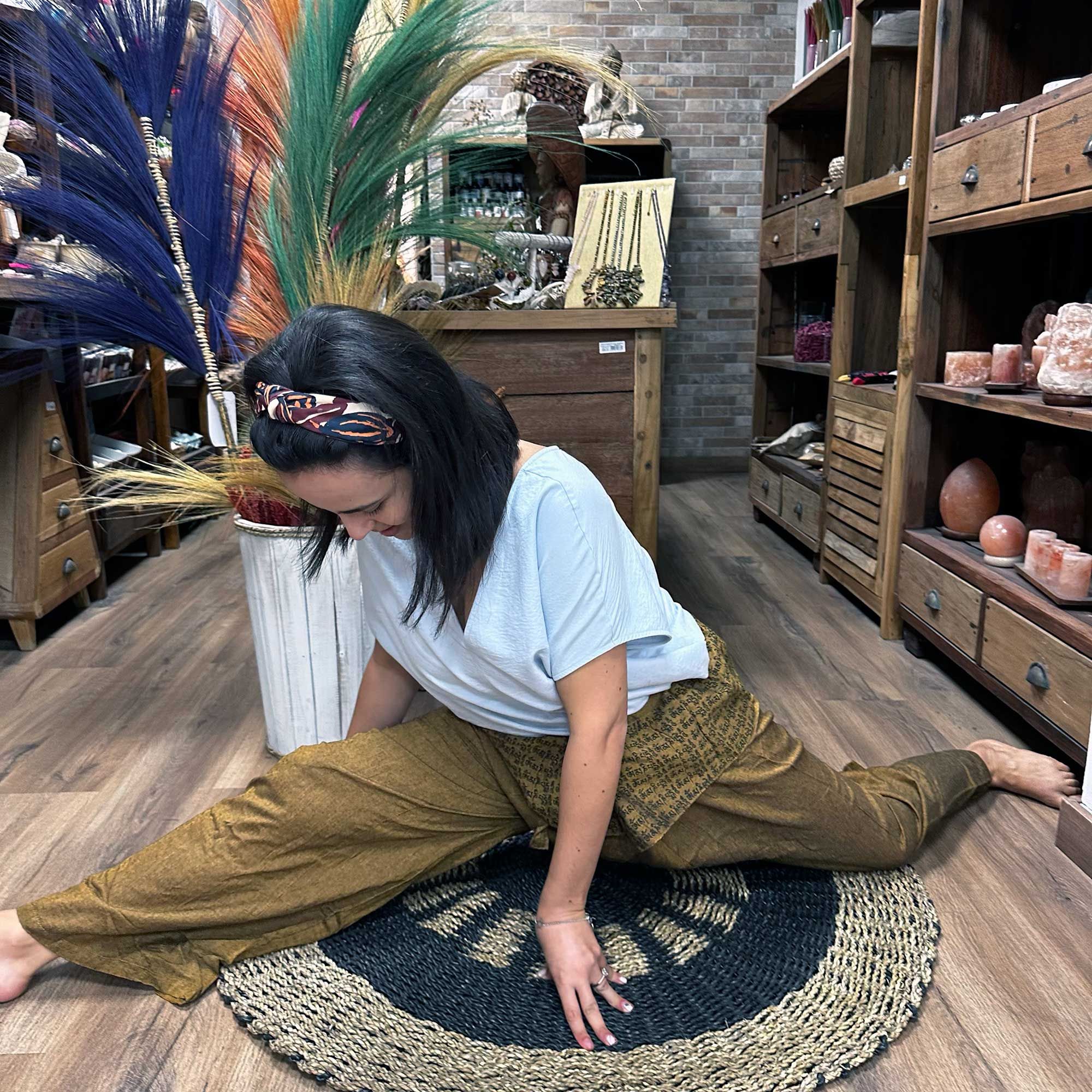 Yoga and Festival Pants - Thai Fisherman Mandala Mantra on Orange - Image 4