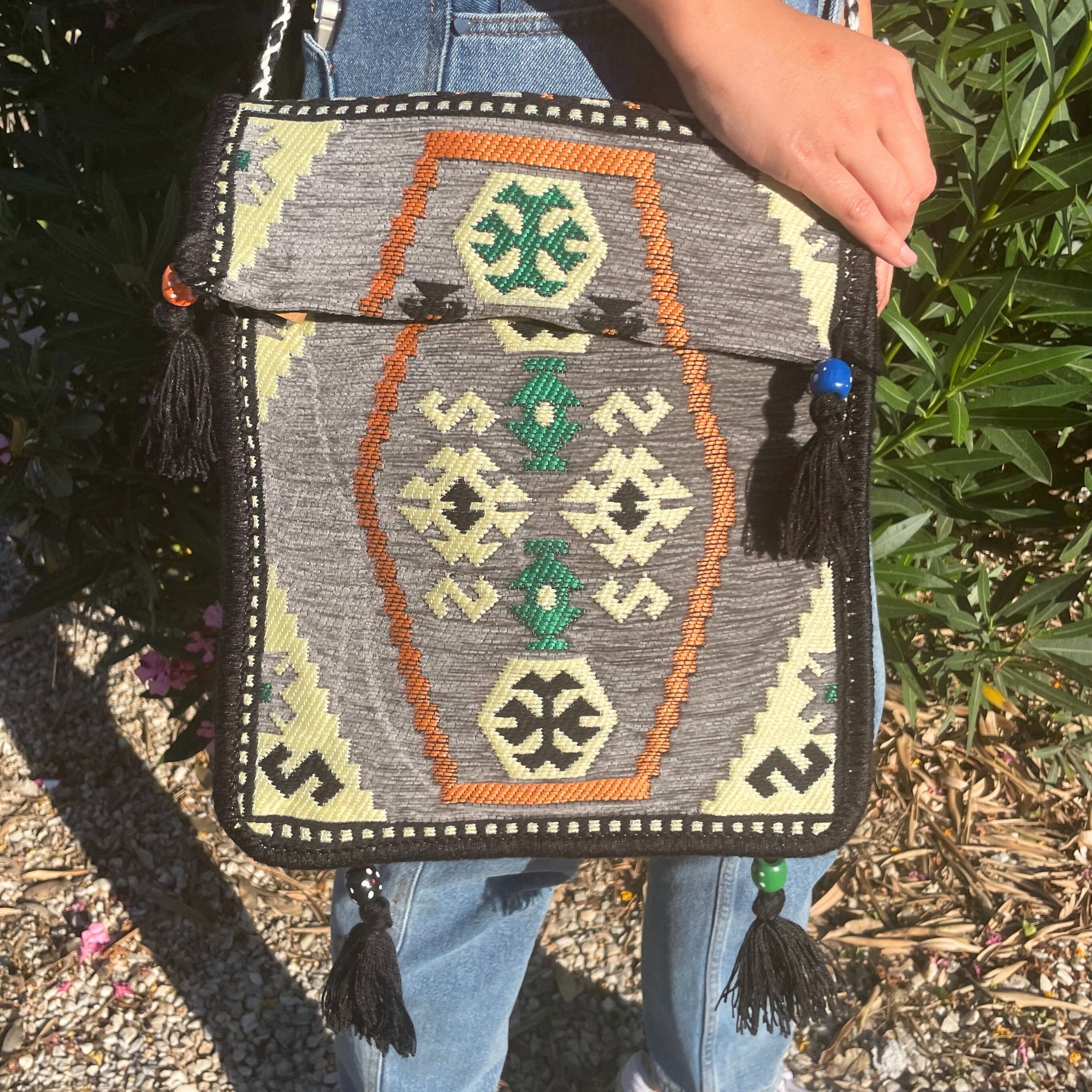 Pale Grey Kilim Messenger Festival Bag - Image 2