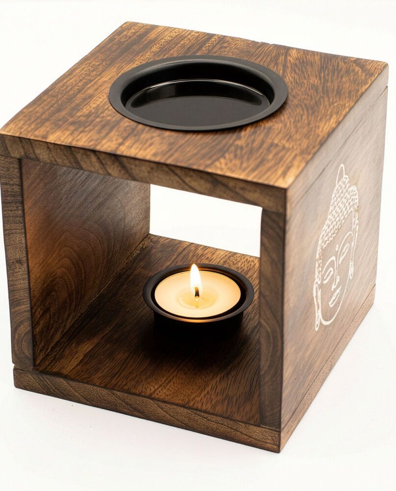 Large Square Mango Wood Oil Burner- Buddha Face