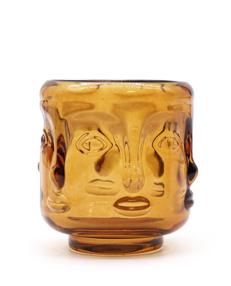 Buddha Faces Candle Jar - Antique Amber