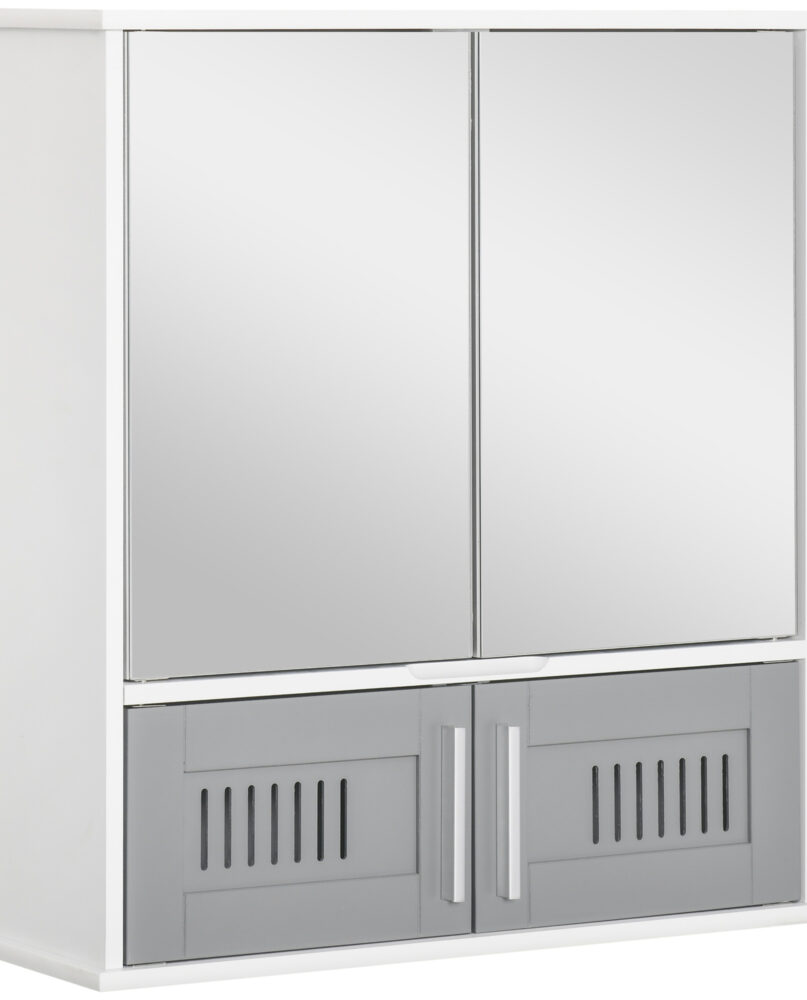 Kleankin Bathroom Mirror Cabinet, Wall Mounted Storage Cupboard With Double Doors And Adjustable Shelf, Bathroom Organizer, Grey