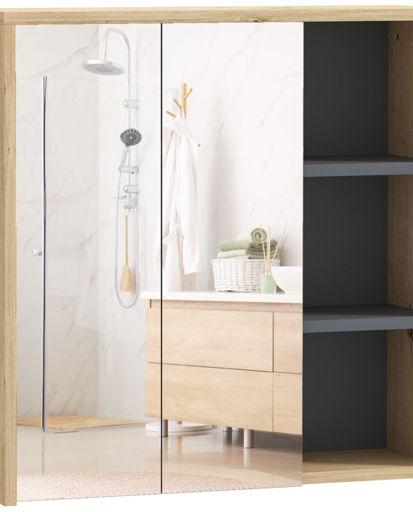 Five-Shelf Mirrored Bathroom Cabinet - Wood-Effect