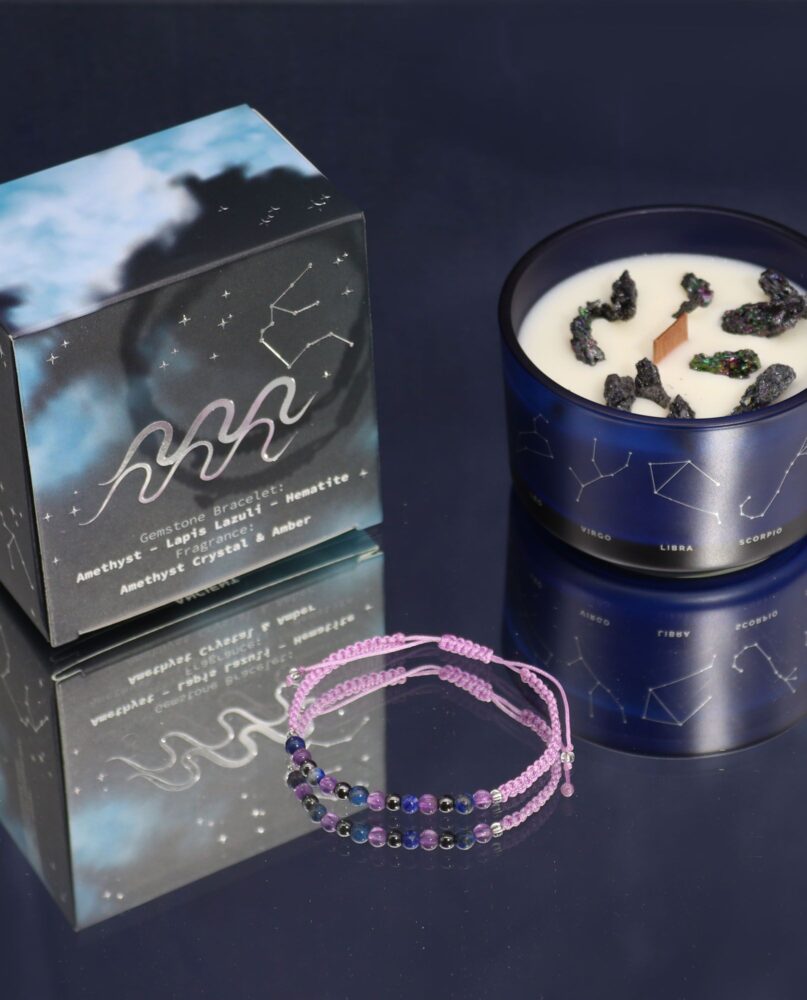 Zodiac Crystal Candle with Gemstone Bracelet - Aquarious