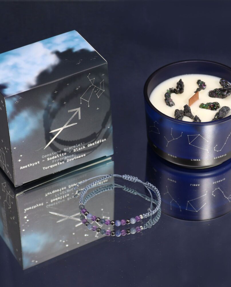 Zodiac Crystal Candle with Gemstone Bracelet - Sagittarius