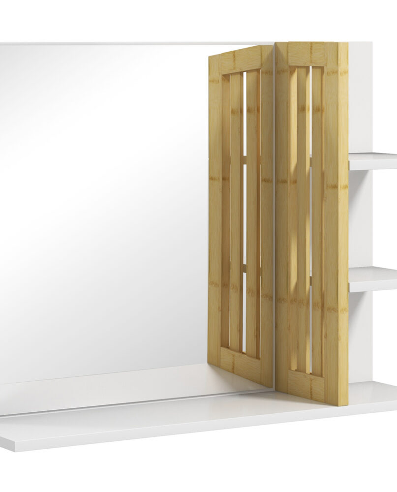 Bamboo Panel Bathroom Mirror, With Shelves - White