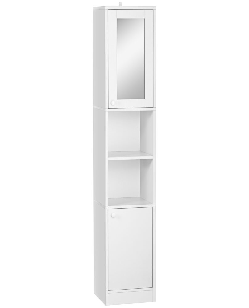 Kleankin Tall Bathroom Storage Cabinet With Mirror, Narrow Bathroom Unit, Freestanding Bathroom Cupboard With Adjustable Shelves And 2 Doors, White