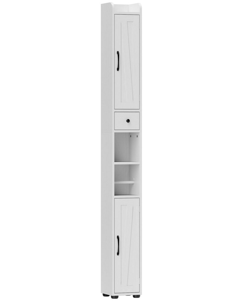 Tall Bathroom Cabinet, Farmhouse Slim Bathroom Storage Cabinet With Barn Doors, Toilet Paper Roll Holder, Drawer And Adjustable Shelves, Narrow Bathroom Storage Unit, 20 X 20 X 185cm, White