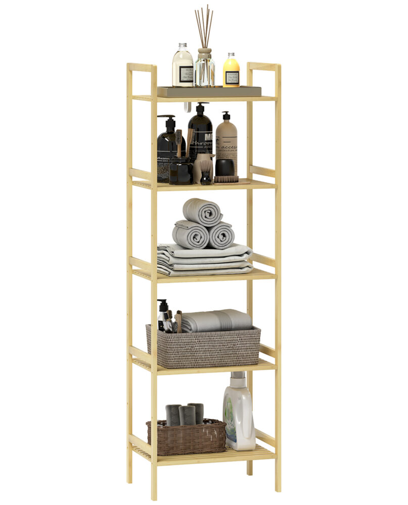 5-Tier Bamboo Bathroom Storage Shelf, Freestanding Shelving Unit With Adjustable Rack For Kitchen Bathroom Living Room, Natural Wood Finish
