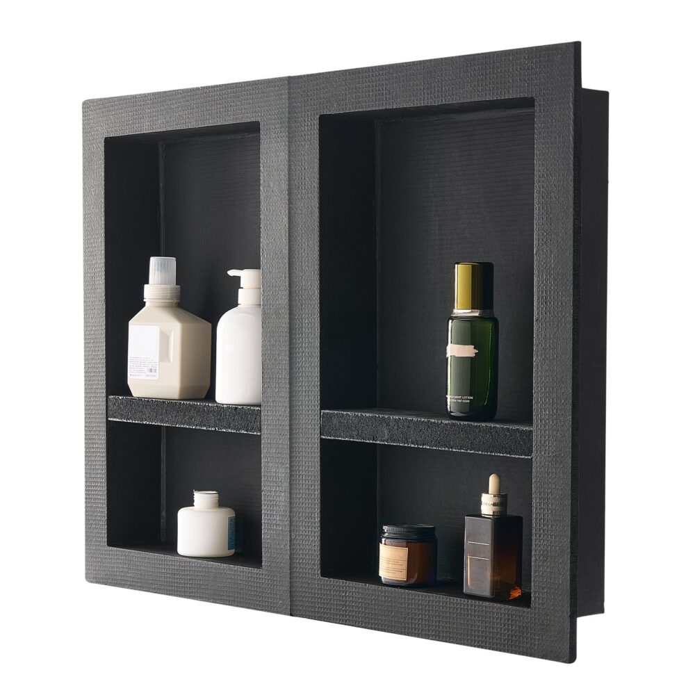 Shower Niche, 40.6 X 61.0 Cm + 40.6 X 61.0 Cm Recessed Wall Niche With Movable Shelf, 10.2 Cm Thick Modern Soap & Shampoo Storage Organizer,Square Corners,Sealed Waterproof, Black For Bathroom