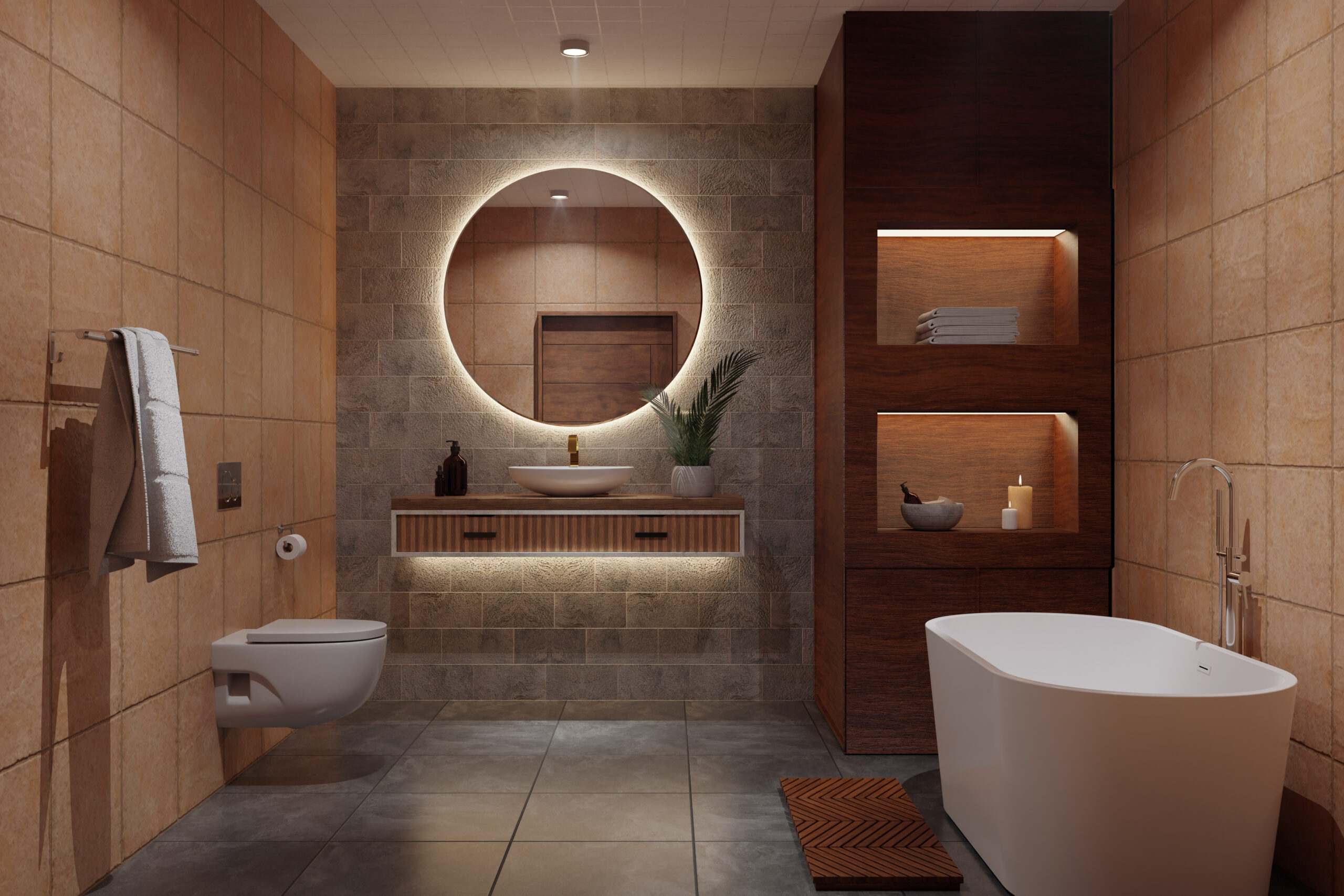 3D rendering bathroom, aromatherapy, relaxation, spa. Tiles, ceramics, wooden cupboard with candles and towels. Mirror with illumination, modern toilet