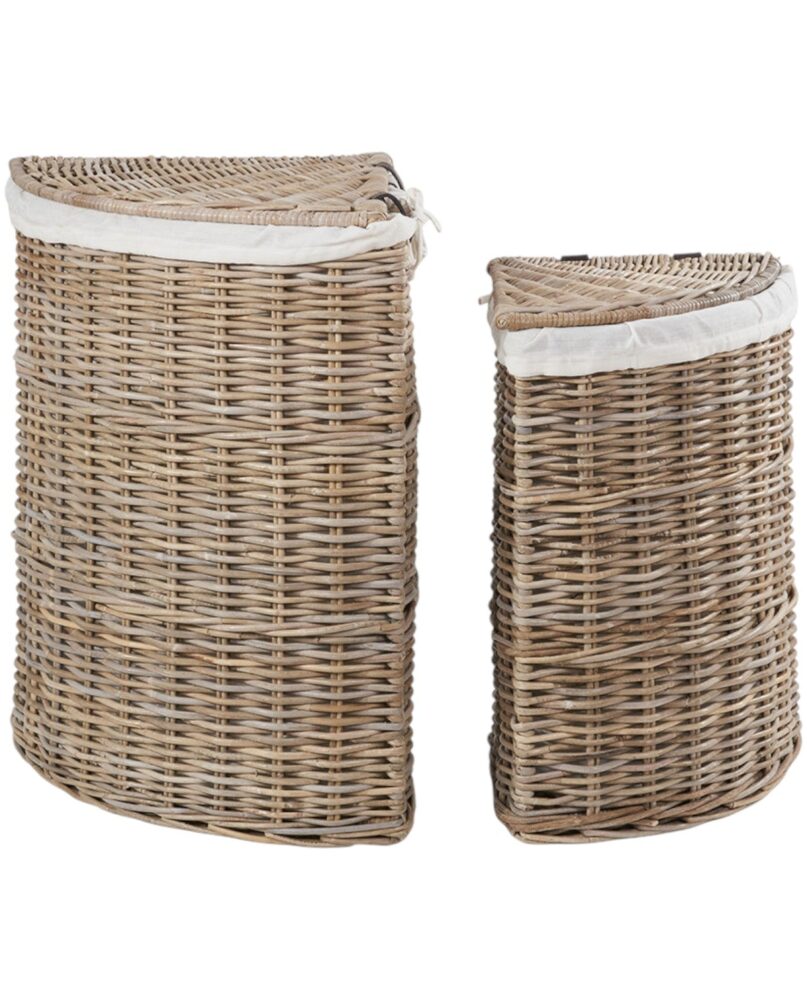 Set of 2 Grey Kubu Rattan Lined Corner Linen Baskets
