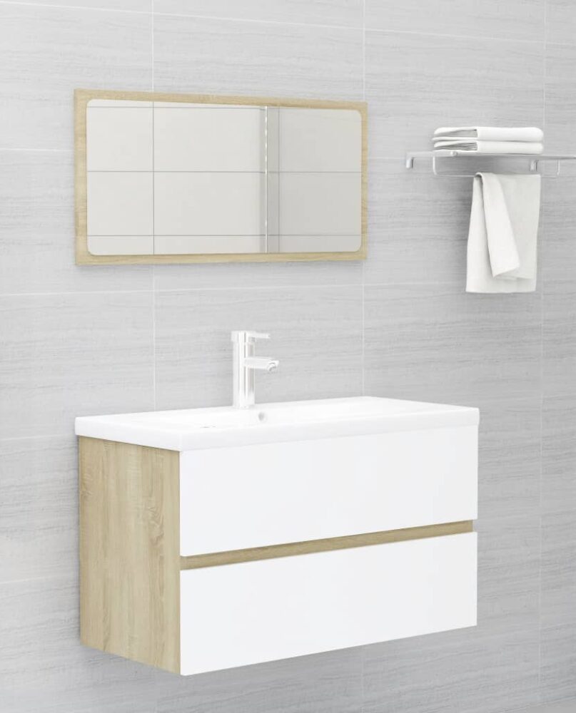 NNEVL Bathroom Furniture Set White and Sonoma Oak Chipboard
