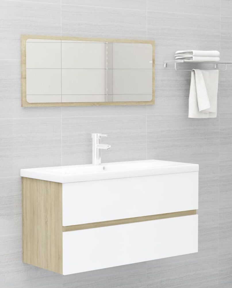 NNEVL Bathroom Furniture Set White and Sonoma Oak Chipboard