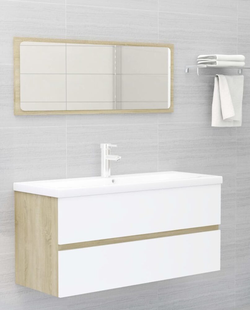 NNEVL Bathroom Furniture Set White and Sonoma Oak Chipboard