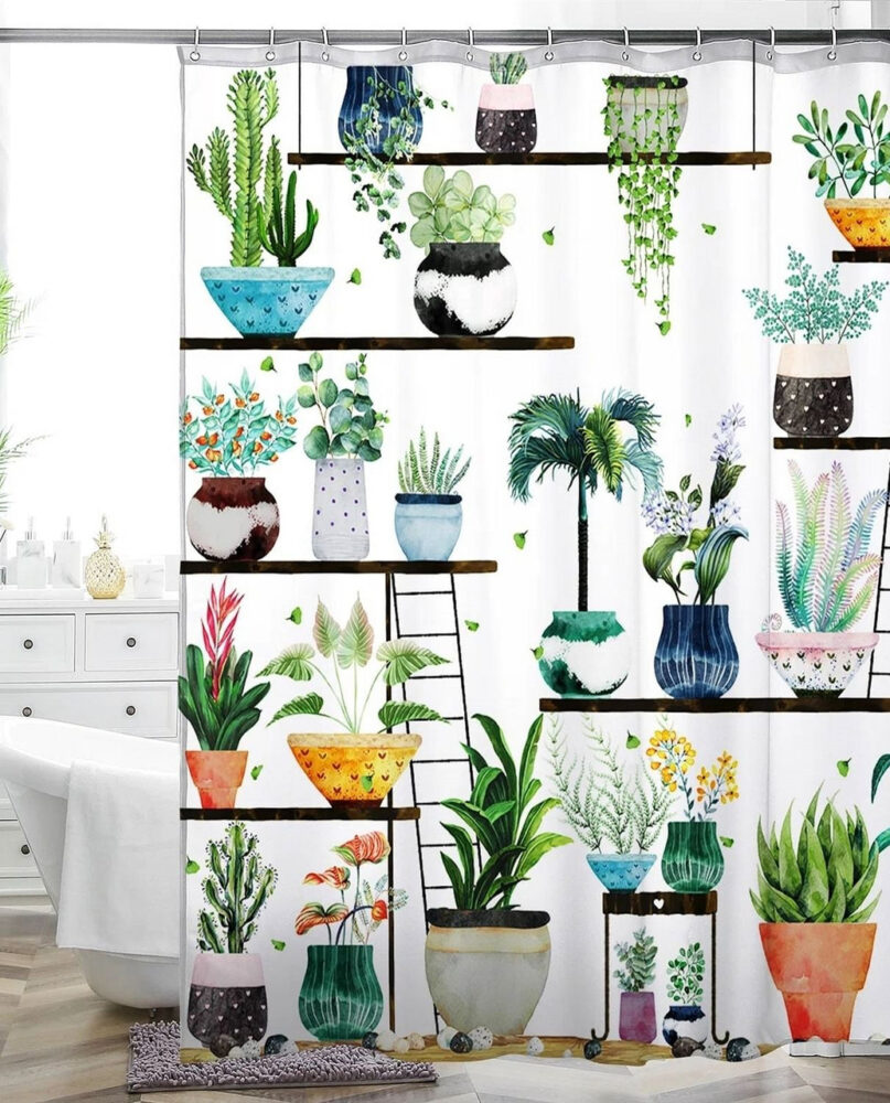 72-in. Watercolor Plants Botanical Floral Flower Pots Succulents Shower Curtain
