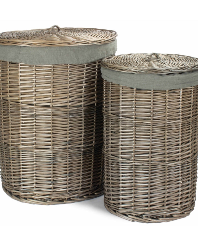 Antique Wash Round Laundry Basket with Grey Sage Lining