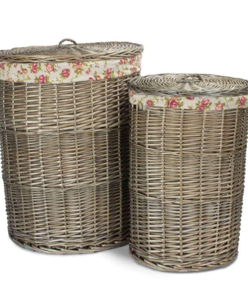 Antique Wash Round Garden Rose Cotton Lined Laundry Basket