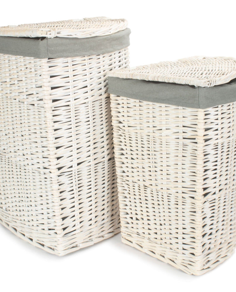 Corner White Wash Wicker Laundry Basket with Grey Sage Lining