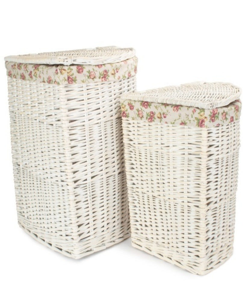 White Wash Corner Wicker Laundry Basket with Lining