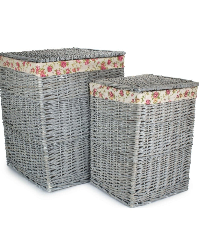 Grey Wash Square Laundry Basket with Garden Rose Lining