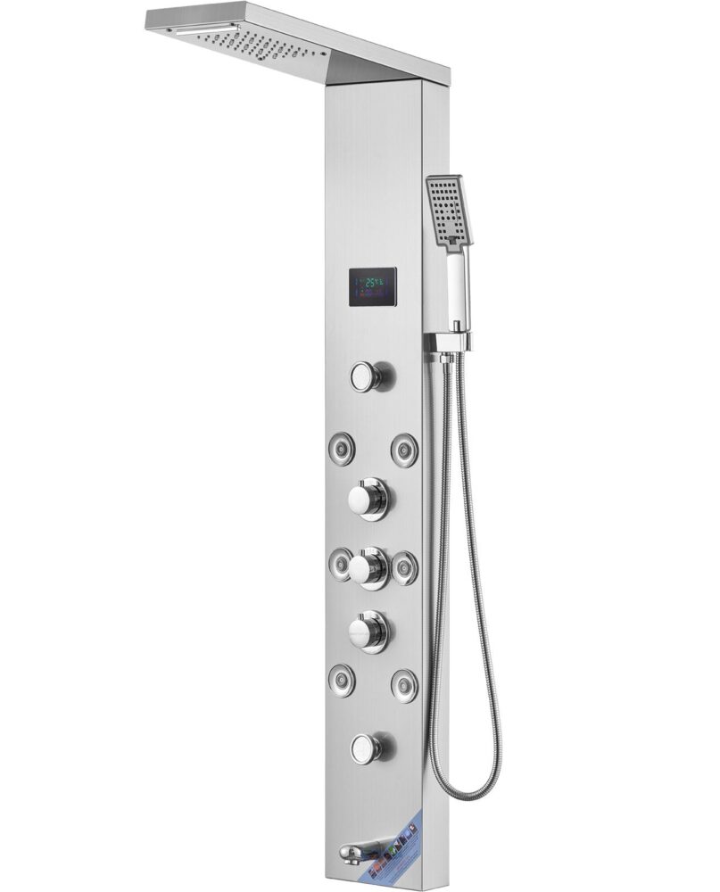 VEVOR Shower Panel System, 6 Shower Modes, LED & Screen Hydroelectricity Shower Panel Tower, Rainfall, Waterfall, 8 Massage Jets, Tub Spout, Handheld Shower, Stainless Steel Wall-Mounted Shower Set