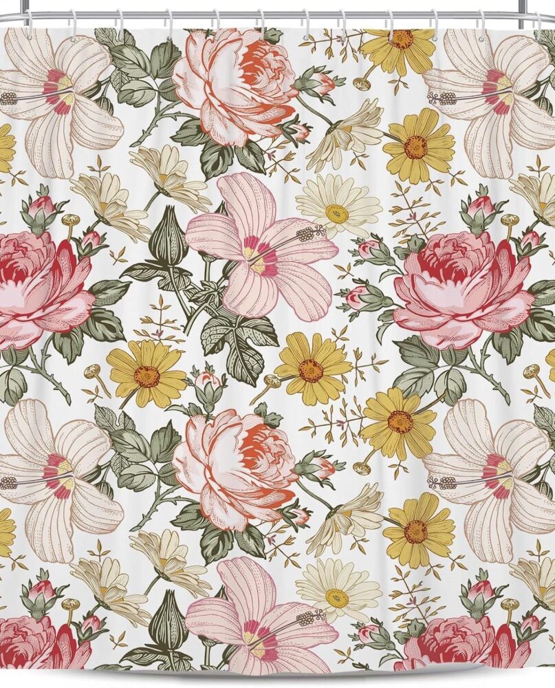 72"W x 84"H Vintage Floral Peony Pink Polyester Shower Curtain
