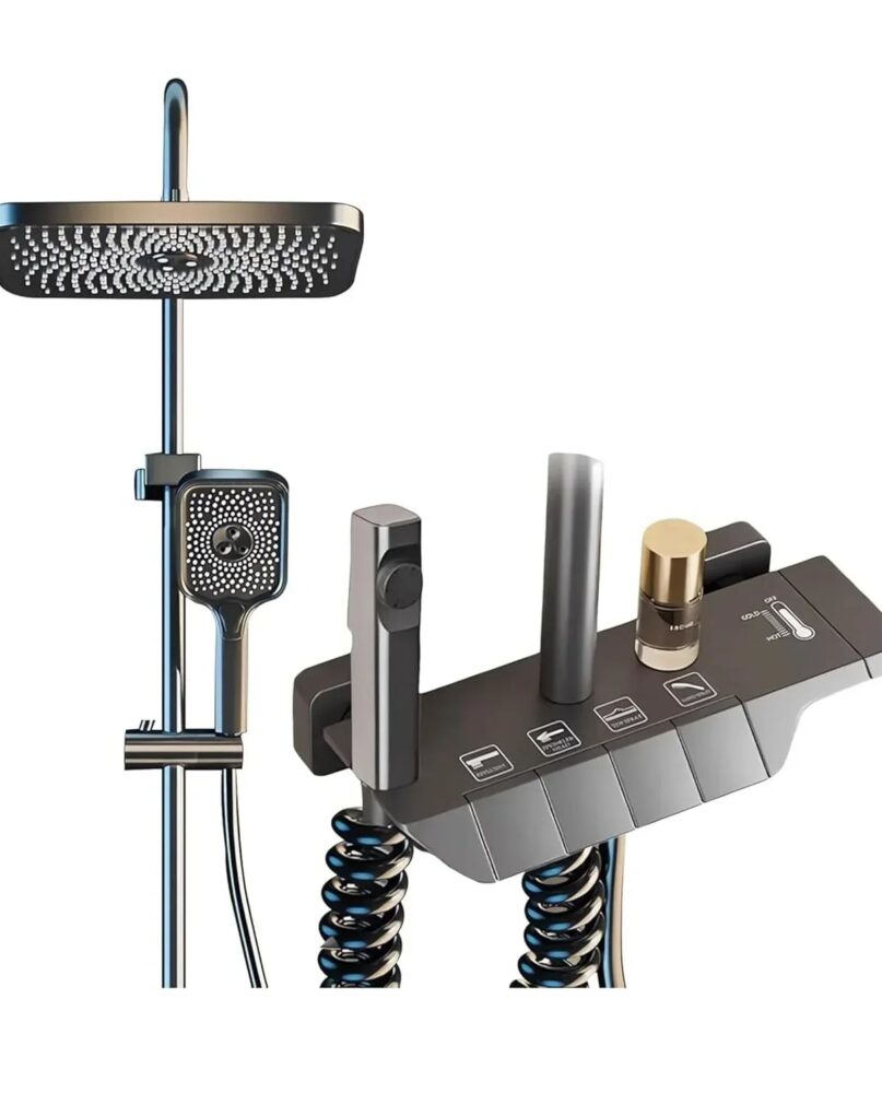 Fossa Spark Shower System with Thermostat Shower Set Wall Piano Button Shower Set Height Adjustable Rain Shower Set with Shower Fitting, 12 Inch Shower Head, Hand Shower, Bidet Spray, Gun (Grey) ( Heavy Weight )