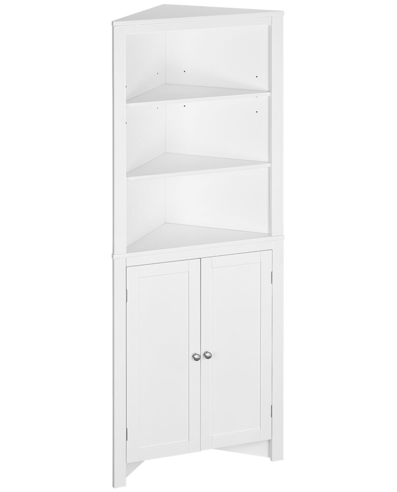 Kleankin Triangle Bathroom Cabinet, Corner Bathroom Storage Unit With Cupboard And 3-Tier Shelves, Free Standing, White