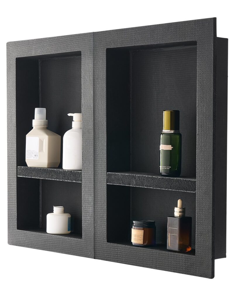 Shower Niche, 40.6 X 61.0 Cm + 40.6 X 61.0 Cm Recessed Wall Niche With Movable Shelf, 10.2 Cm Thick Modern Soap & Shampoo Storage Organizer,Square Corners,Sealed Waterproof, Black For Bathroom