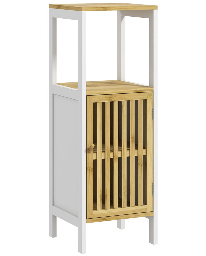 Bamboo-Blend Retro Cut-Out Bathroom Storage Unit, With Cupboard