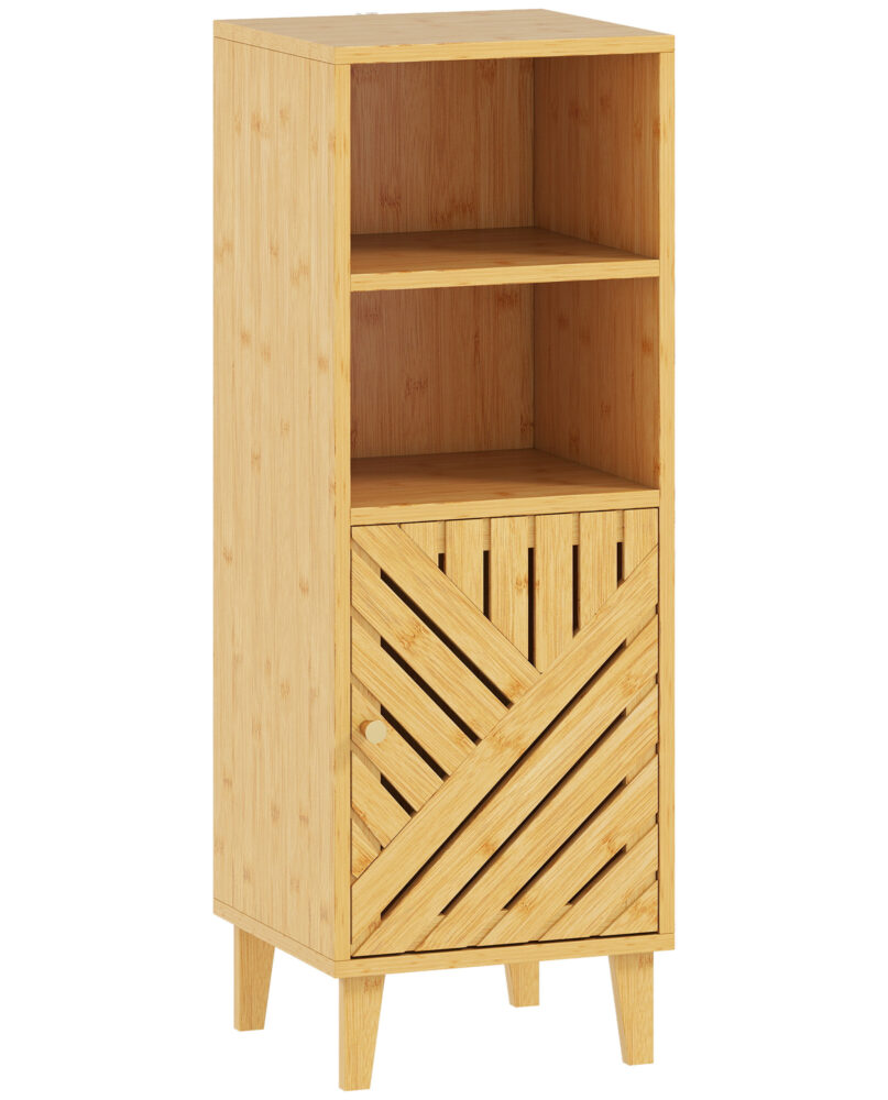 Slim Bathroom Cabinet With Bamboo Door And Legs, Narrow Bathroom Storage Cabinet, Freestanding Storage Cupboard With Open Compartments, 32 X 30 X 90 Cm, Natural Wood Finish