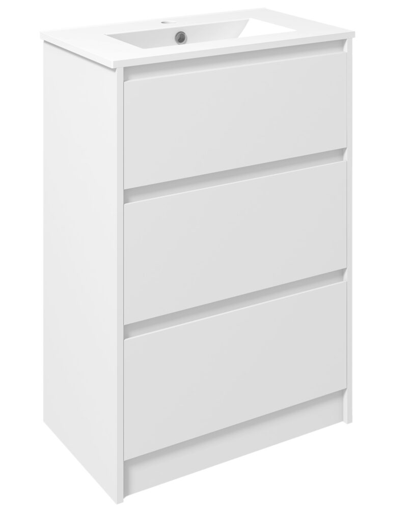 Kleankin 600mm Bathroom Vanity Unit With Basin And Single Tap Hole, High Gloss White Floor Standing Bathroom Sink Unit With 2 Drawers For Cloakroom