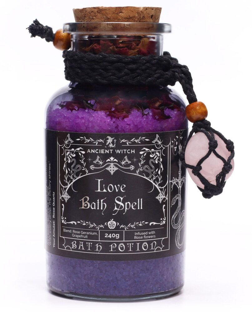 Ancient Witch Bath Spell Potion & Rose Quartz Crystal Amulet - Love