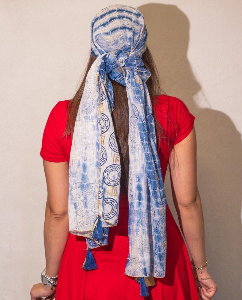 Nomad Sari Summer Marbella Print Scarf - Blue with Gold (180x50cm)