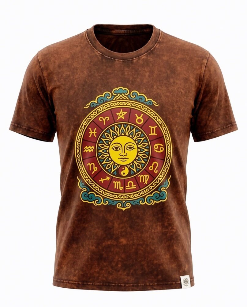 Nomad Sari Stonewashed Cotton T-Shirt - Sun & Zodiac - Brown - Medium